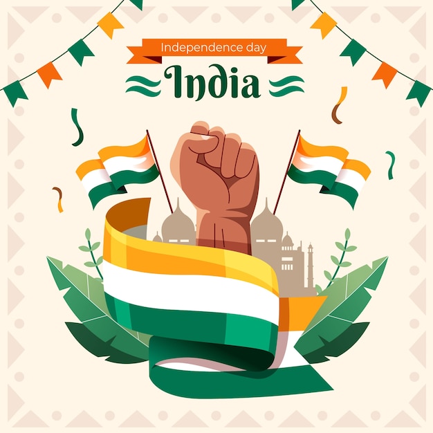 Бесплатное векторное изображение Плоская иллюстрация дня независимости индии с кулаком и флагами