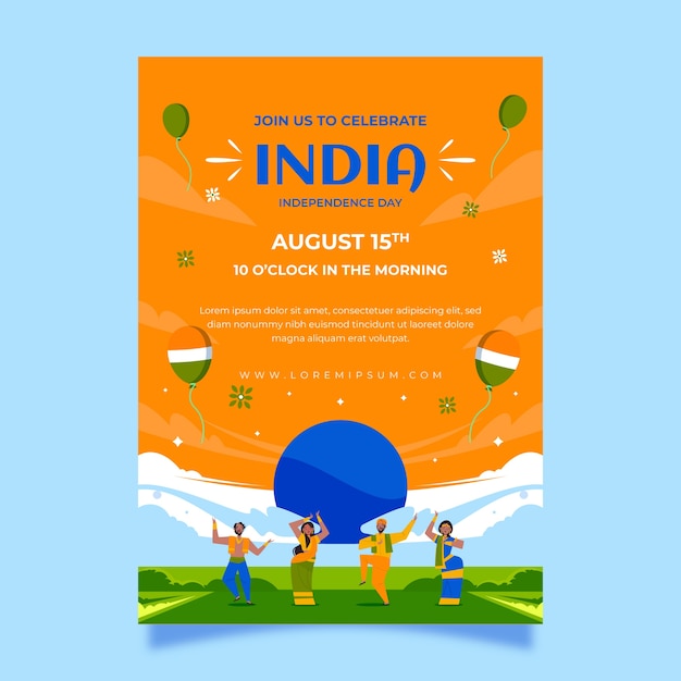 Flat india independence day poster template with people dancing