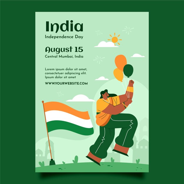Flat india independence day vertical poster template with person holding balloons