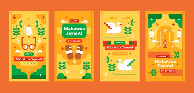 Free vector flat indian mahatma celebration instagram stories collection