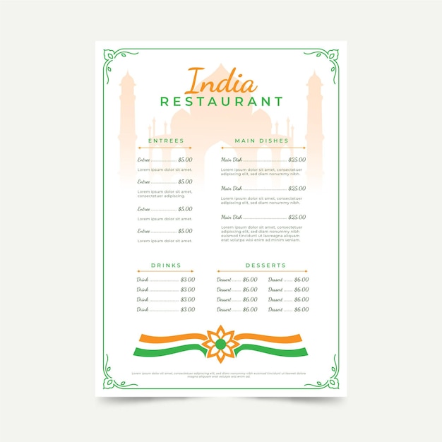 Modello di menu piatto indiano
