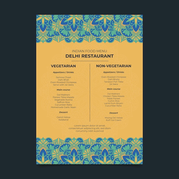 Free vector flat indian menu template