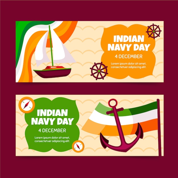 Free vector flat indian navy day horizontal banners set