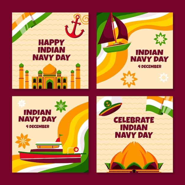 Free vector flat indian navy day instagram posts collection