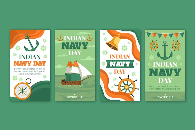 Free vector flat indian navy day instagram stories collection