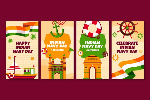 Vettore gratuito raccolta di storie di instagram di giorno della marina indiana piatta