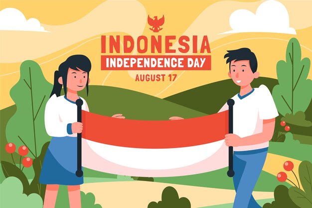 旗を持っている人々とフラットインドネシア独立日の背景