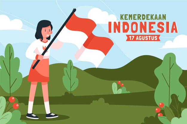 깃발을 들고 여자와 평평한 인도네시아 독립 기념일 배경