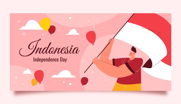 깃발과 풍선을 들고 있는 사람이 있는 평평한 인도네시아 독립 기념일 가로 배너 템플릿