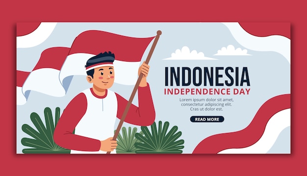 Vettore gratuito modello di banner orizzontale piatto giorno dell'indipendenza dell'indonesia