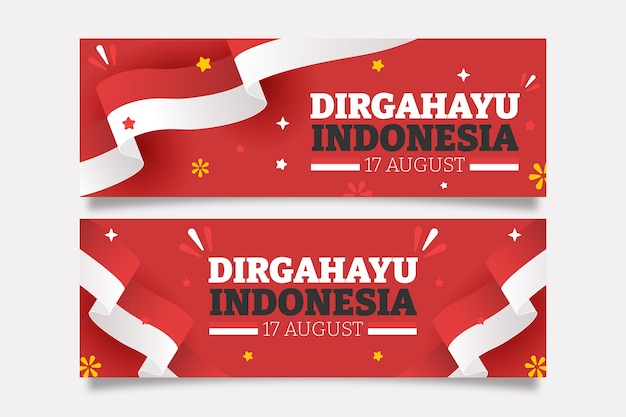 깃발과 색종이 조각으로 설정된 평평한 인도네시아 독립 기념일 가로 배너