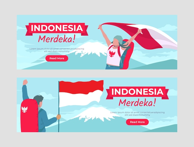 Flat indonesia independence day horizontal banners set with people holding flags on mountain