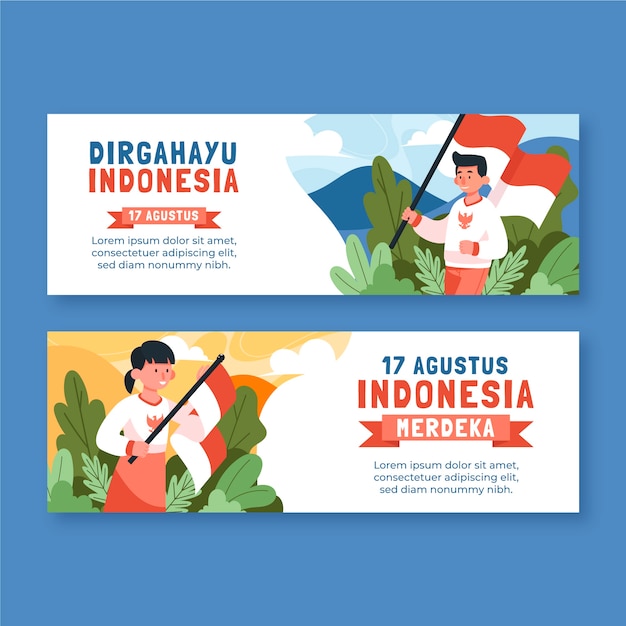 Free vector flat indonesia independence day horizontal banners set with people holding flags