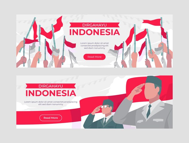 Flat indonesia independence day horizontal banners set with people saluting and flags