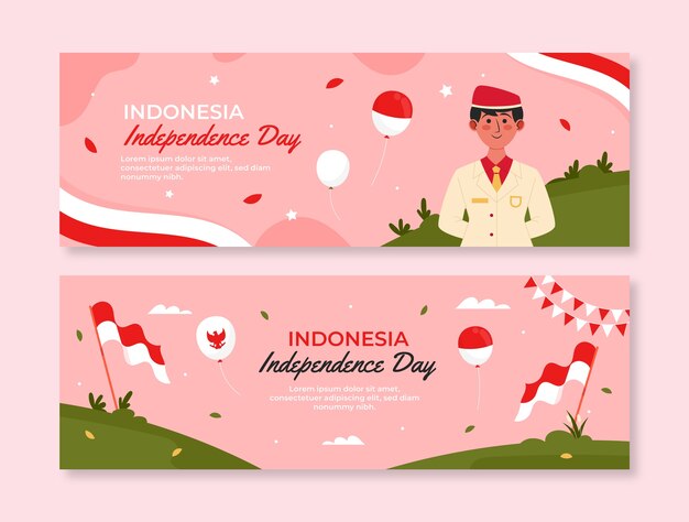 Flat indonesia independence day horizontal banners set with person and flags