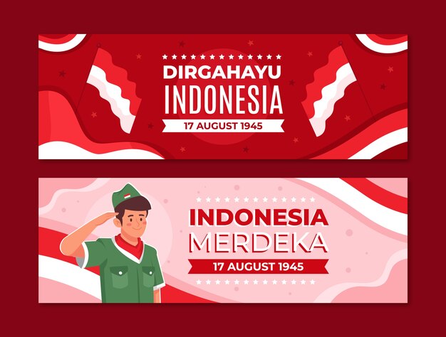 플랫 인도네시아 독립 기념일 가로 배너 세트