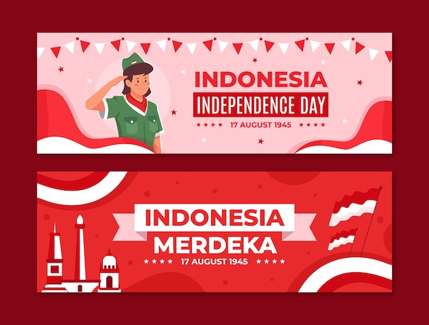 フラットインドネシア独立記念日横バナーセット