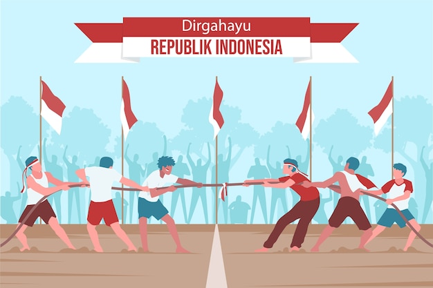 Vettore gratuito illustrazione piana del giorno dell'indipendenza dell'indonesia con la gente che tira la corda