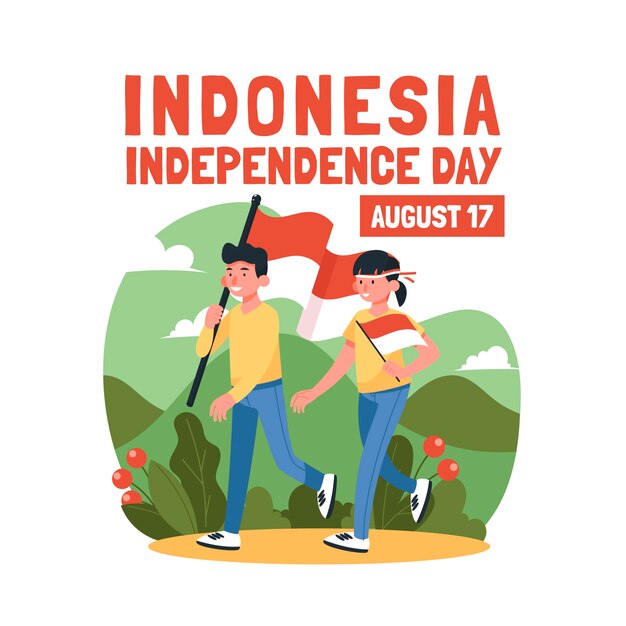 Flat indonesia independence day illustration with people walking while holding flags