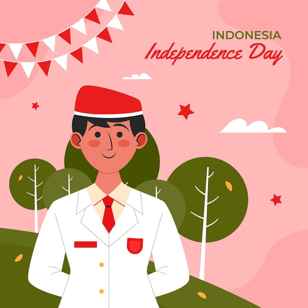 Vettore gratuito illustrazione piatta del giorno dell'indipendenza dell'indonesia con una persona in uniforme