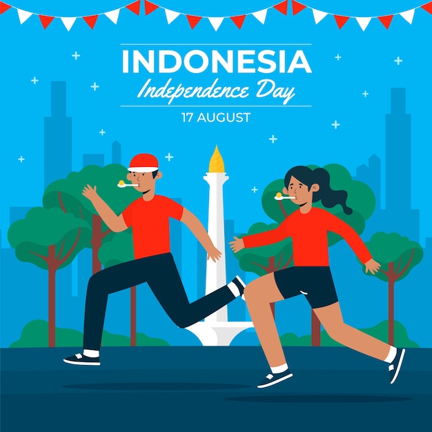 Vettore gratuito illustrazione piatta del giorno dell'indipendenza dell'indonesia