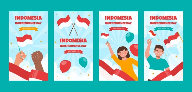 Vettore gratuito collezione di storie di instagram del giorno dell'indipendenza dell'indonesia piatto