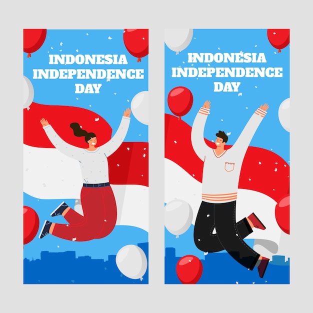 Vettore gratuito set di banner verticali per il giorno dell'indipendenza dell'indonesia piatto