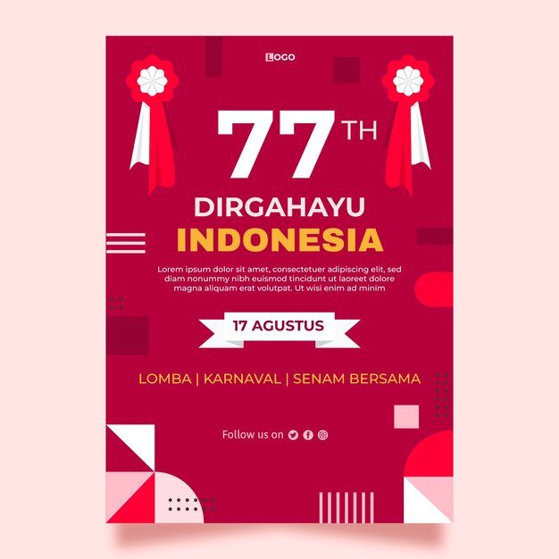 기하학적 형태와 평면 인도네시아 독립 기념일 수직 포스터 템플릿