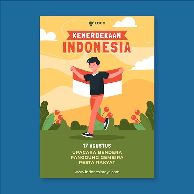 Vettore gratuito modello di poster verticale piatto giorno dell'indipendenza dell'indonesia con uomo che tiene bandiera all'aperto