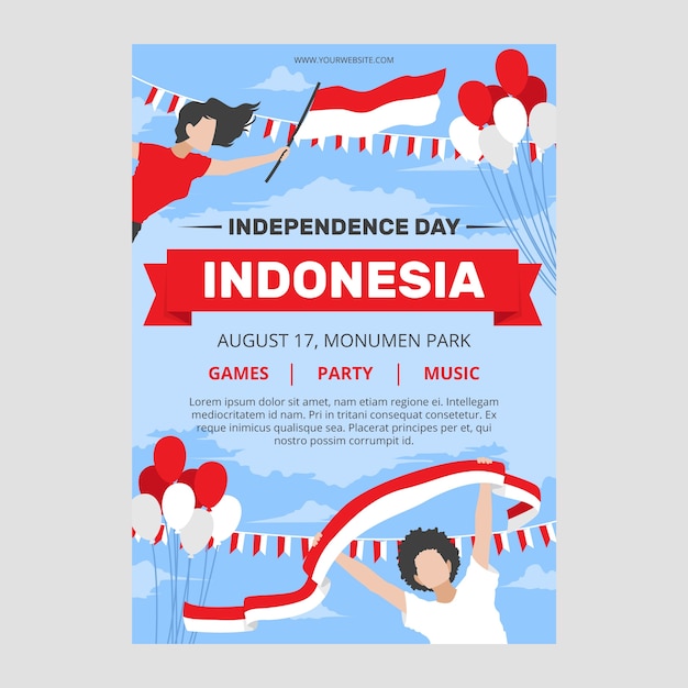 Плоский день независимости индонезии вертикальный шаблон плаката с людьми и воздушными шарами