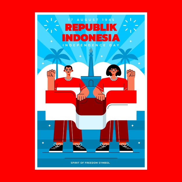 Flat indonesia independence day vertical poster template with people holding flag and fists up