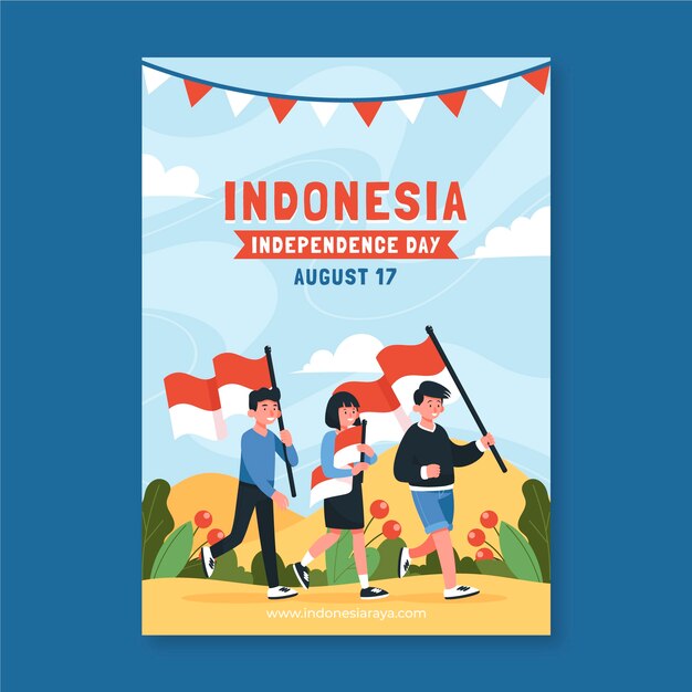 Flat indonesia independence day vertical poster template with people holding flags