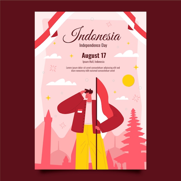 Modello di poster verticale piatto giorno dell'indipendenza dell'indonesia con persona che saluta e tiene bandiera