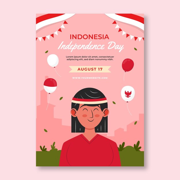女性と風船とフラットインドネシア独立記念日の垂直ポスターテンプレート
