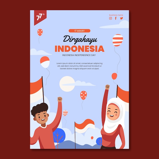 フラットインドネシア独立記念日縦長ポスターテンプレート