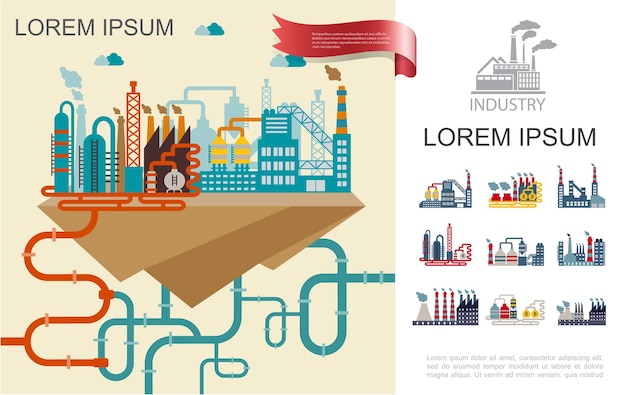 Flat industrial factory composition with manufacture buildings of different construction chimneys and pipes  illustration