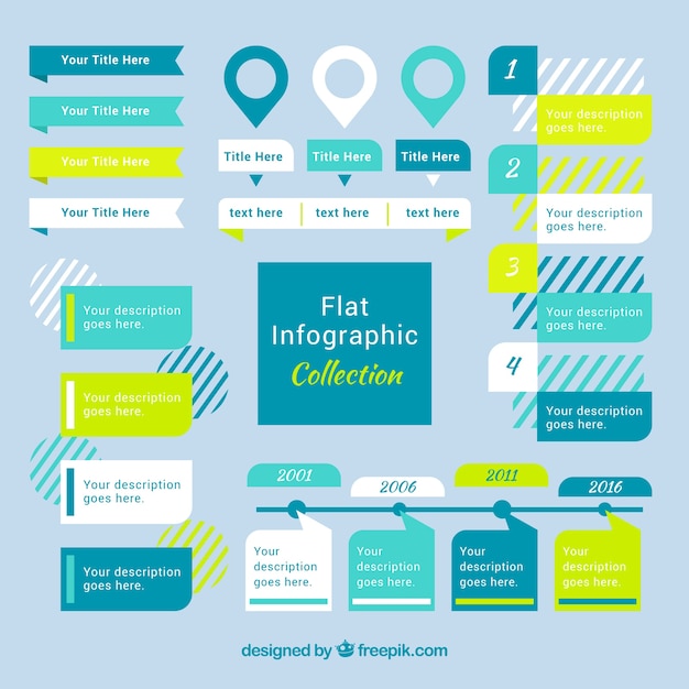 녹색 세부 사항이있는 평면 infographic 컬렉션