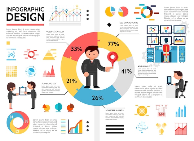 Free vector flat infographic elements concept with man standing in center of pie chart diagrams graphs business people