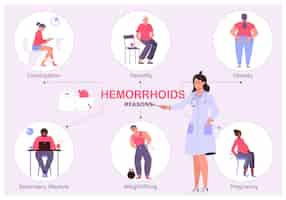 Free vector flat infographic showing reasons of hemorrhoid disease with female doctor holding pointer vector illustration
