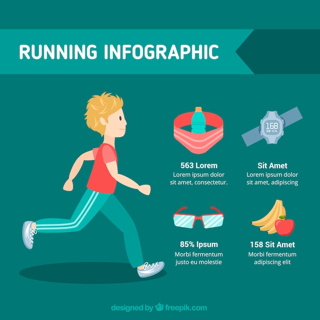 Vettore gratuito infografica piatto con oggetti e l'uomo in esecuzione