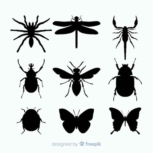 Бесплатное векторное изображение Коллекция силуэтов плоских насекомых