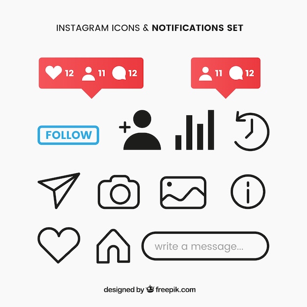 Set di icone e notifiche di instagram piatte