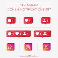 Vettore gratuito set di icone e notifiche di instagram piatte