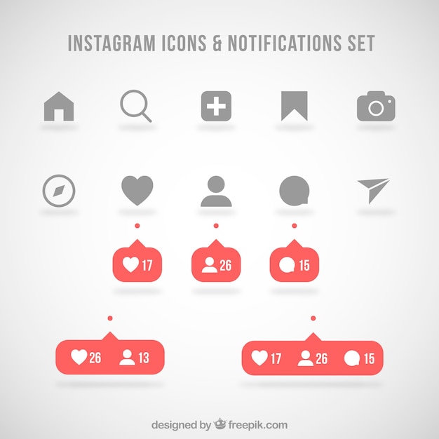 Vettore gratuito set di icone e notifiche di instagram piatte