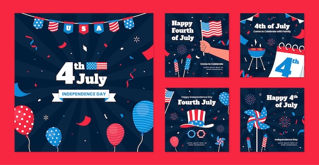 Vettore gratuito collezione di post instagram piatti per la celebrazione del 4 luglio americano