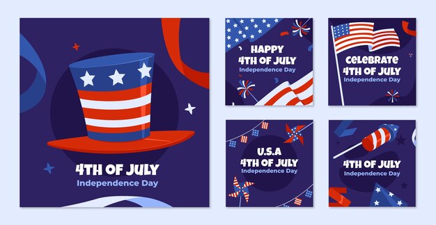 Flat instagram posts collection for american 4th of july celebration