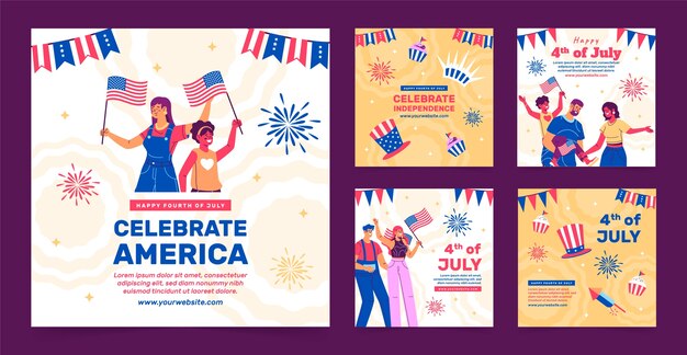 Vettore gratuito collezione di post instagram piatti per la celebrazione del 4 luglio americano