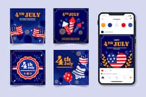 Free vector flat instagram posts collection for american 4th of july celebration