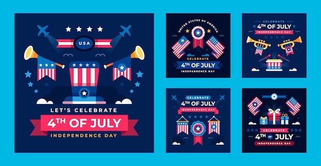 Flat instagram posts collection for american 4th of july celebration