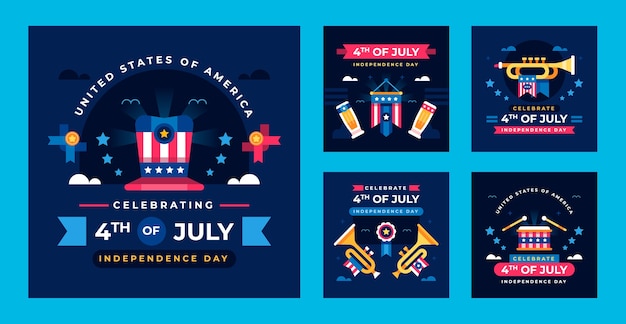 Free vector flat instagram posts collection for american 4th of july celebration